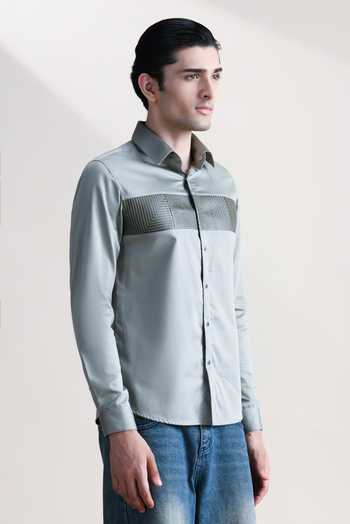Shop_Abkasa_Olive Green Cotton Succint Geometric Panel Shirt _Online_at_Aza_Fashions