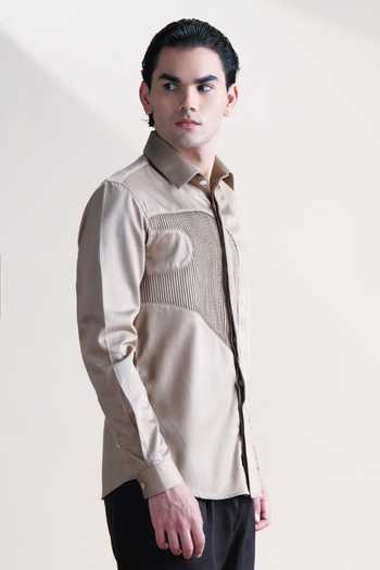 Shop Abkasa Beige Cotton Linear Pintuck Asymmetrical Panel Shirt Online at Aza Fashions Shop_Abkasa_Beige Cotton Linear Pintuck Asymmetrical Panel Shirt _Online_at_Aza_Fashions