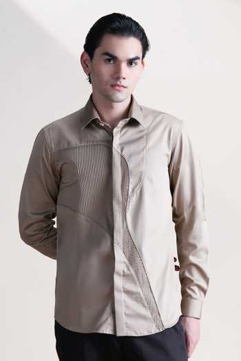 Abkasa Linear Pintuck Asymmetrical Panel Cotton Shirt 