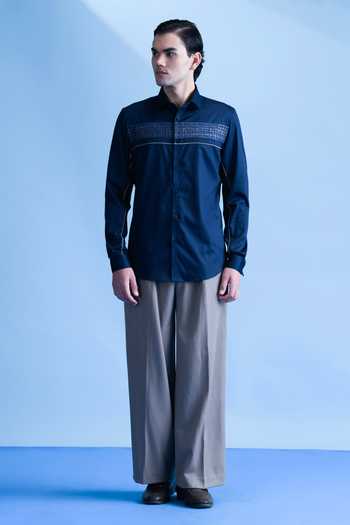 Abkasa_Navy Cotton Mirage Metallic Panel Shirt _Online_at_Aza_Fashions