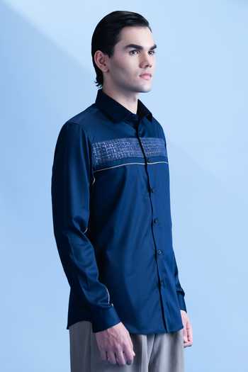 Buy_Abkasa_Navy Cotton Mirage Metallic Panel Shirt _Online_at_Aza_Fashions