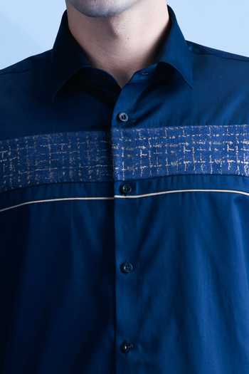 Shop_Abkasa_Navy Cotton Mirage Metallic Panel Shirt _Online_at_Aza_Fashions