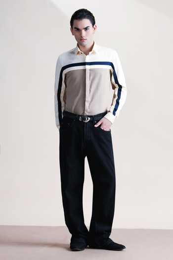 Abkasa Cream Cotton Yola Colourblock Shirt at Aza Fashions Abkasa_Cream Cotton Yola Colourblock Shirt _at_Aza_Fashions