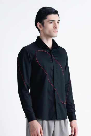 Shop Abkasa Black Cotton Kara Abstract Red Piped Shirt Online at Aza Fashions Shop_Abkasa_Black Cotton Kara Abstract Red Piped Shirt _Online_at_Aza_Fashions