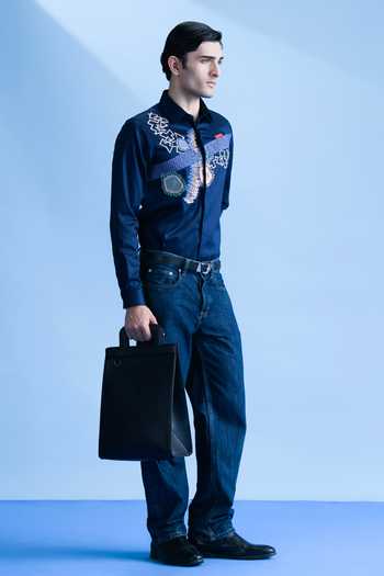 Shop Abkasa Blue Cotton Giulio Embroidered Shirt Online at Aza Fashions Shop_Abkasa_Blue Cotton Giulio Embroidered Shirt _Online_at_Aza_Fashions
