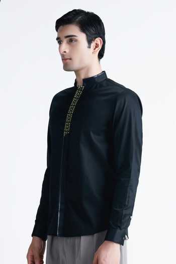 Buy Abkasa Black Cotton Elio Mandarin Collar Shirt Online at Aza Fashions Buy_Abkasa_Black Cotton Elio Mandarin Collar Shirt _Online_at_Aza_Fashions