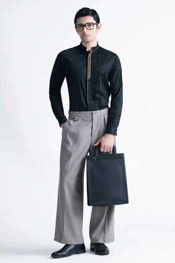 Shop Abkasa Black Cotton Elio Mandarin Collar Shirt Online at Aza Fashions Shop_Abkasa_Black Cotton Elio Mandarin Collar Shirt _Online_at_Aza_Fashions