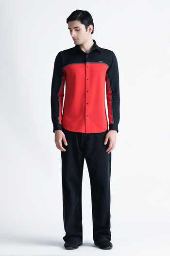 Abkasa Red Cotton Delphy Colour Block Panel Shirt Online at Aza Fashions Abkasa_Red Cotton Delphy Colour Block Panel Shirt _Online_at_Aza_Fashions