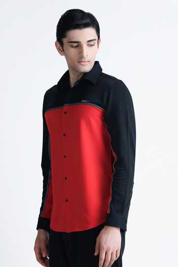 Shop Abkasa Red Cotton Delphy Colour Block Panel Shirt Online at Aza Fashions Shop_Abkasa_Red Cotton Delphy Colour Block Panel Shirt _Online_at_Aza_Fashions