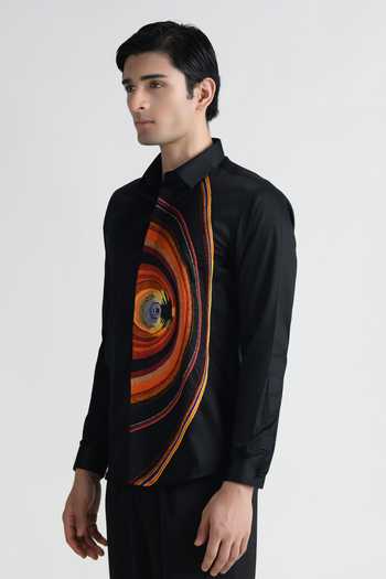 Shop Abkasa Black Cotton Lyon Swirl Print Long Sleeve Shirt Online at Aza Fashions Shop_Abkasa_Black Cotton Lyon Swirl Print Long Sleeve Shirt _Online_at_Aza_Fashions