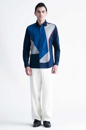 Abkasa_Blue Cotton Charlotte Geometric Patchwork Shirt _Online_at_Aza_Fashions