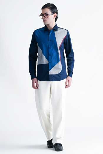Buy_Abkasa_Blue Cotton Charlotte Geometric Patchwork Shirt _Online_at_Aza_Fashions