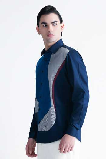 Shop_Abkasa_Blue Cotton Charlotte Geometric Patchwork Shirt _Online_at_Aza_Fashions