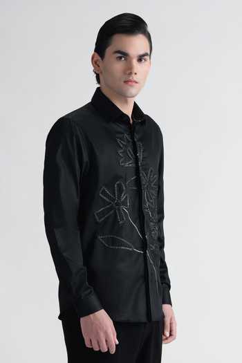 Abkasa_Black Cotton Nicolla Embroidered Shirt _Online_at_Aza_Fashions