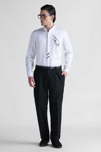 Abkasa_White Cotton Sunwoven Mandarin Collar Shirt _Online_at_Aza_Fashions