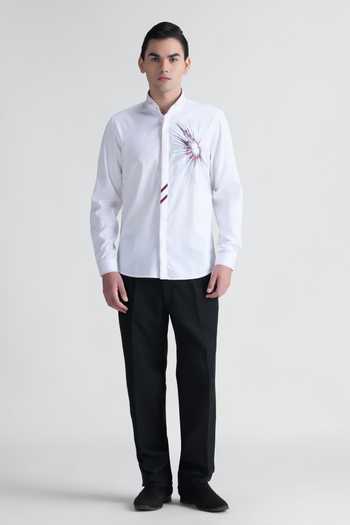Buy_Abkasa_White Cotton Sunwoven Mandarin Collar Shirt _Online_at_Aza_Fashions