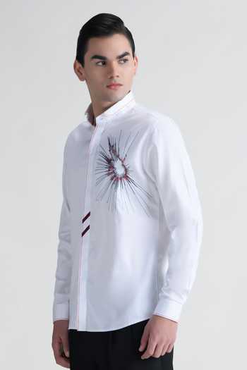 Shop_Abkasa_White Cotton Sunwoven Mandarin Collar Shirt _Online_at_Aza_Fashions