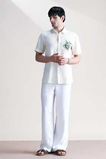 Abkasa_Cream Linen Francois Embroidered Shirt _Online_at_Aza_Fashions