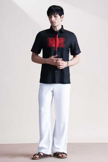 Abkasa_Black Linen Red Cross Embroidered Shirt _Online_at_Aza_Fashions
