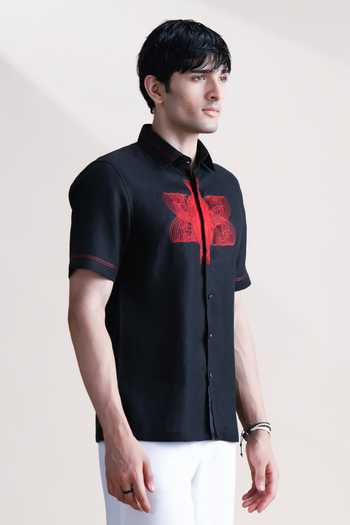 Buy_Abkasa_Black Linen Red Cross Embroidered Shirt _Online_at_Aza_Fashions