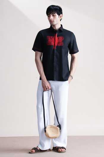 Shop_Abkasa_Black Linen Red Cross Embroidered Shirt _Online_at_Aza_Fashions