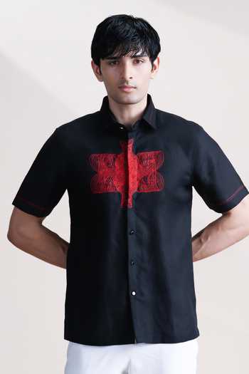 Abkasa Red Cross Embroidered Linen Shirt 