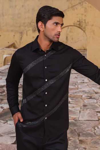 Abkasa_Black Cotton Quentin Diagonal Embellished Shirt _Online_at_Aza_Fashions