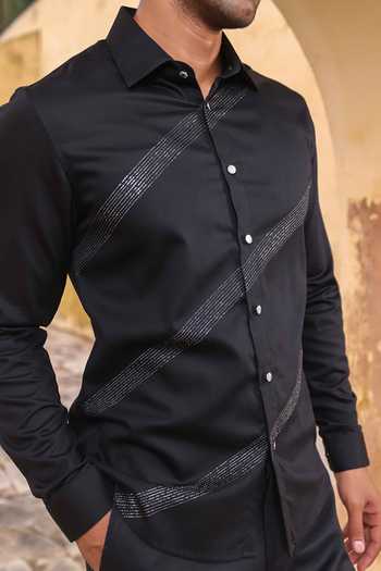 Buy_Abkasa_Black Cotton Quentin Diagonal Embellished Shirt _Online_at_Aza_Fashions