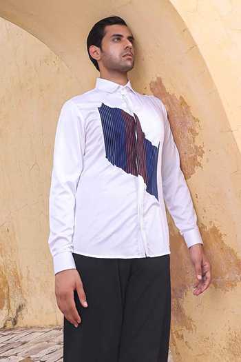 Abkasa_White Cotton Garret Embroidered Patch Shirt _Online_at_Aza_Fashions
