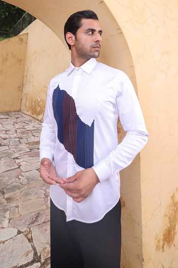 Buy_Abkasa_White Cotton Garret Embroidered Patch Shirt _Online_at_Aza_Fashions