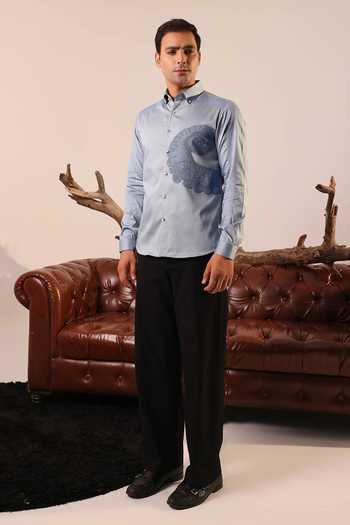 Abkasa_Blue Cotton Columbus Embroidered Shirt _Online_at_Aza_Fashions