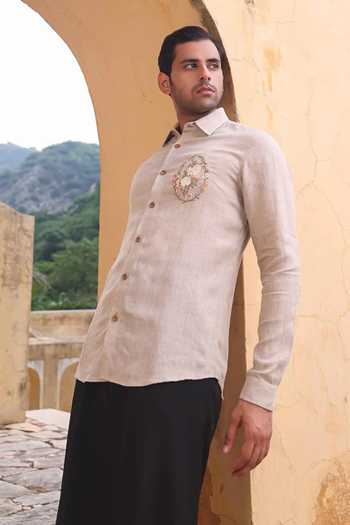 Abkasa_Grey Linen Houghton Shirt _Online_at_Aza_Fashions