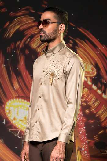 Abkasa_Beige Cotton Deck Embellished Shirt _Online_at_Aza_Fashions