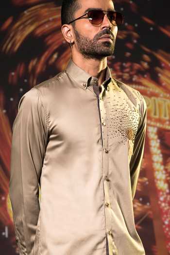 Buy_Abkasa_Beige Cotton Deck Embellished Shirt _Online_at_Aza_Fashions