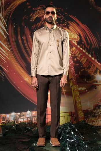 Shop_Abkasa_Beige Cotton Deck Embellished Shirt _Online_at_Aza_Fashions