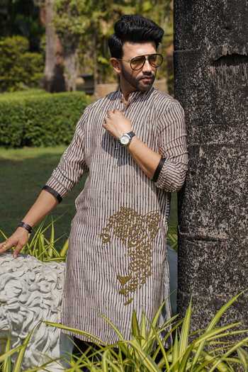 Heartistry by Anky_Beige Linen The Sovereign Cheetah Kurta _Online_at_Aza_Fashions