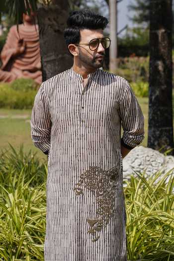 Buy_Heartistry by Anky_Beige Linen The Sovereign Cheetah Kurta _Online_at_Aza_Fashions