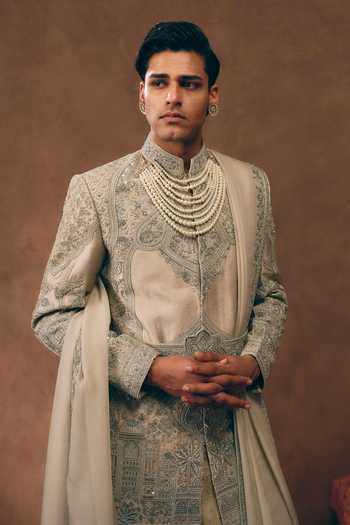 Buy MUKTI AND KAVITH CASA Grey Silk, Tissue, Organza Opulent Zardozi Embroidered Sherwani Set Online at Aza Fashions Buy_MUKTI AND KAVITH CASA_Grey Silk, Tissue, Organza Opulent Zardozi Embroidered Sherwani Set _Online_at_Aza_Fashions