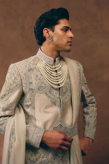 Shop MUKTI AND KAVITH CASA Grey Silk, Tissue, Organza Opulent Zardozi Embroidered Sherwani Set Online at Aza Fashions Shop_MUKTI AND KAVITH CASA_Grey Silk, Tissue, Organza Opulent Zardozi Embroidered Sherwani Set _Online_at_Aza_Fashions
