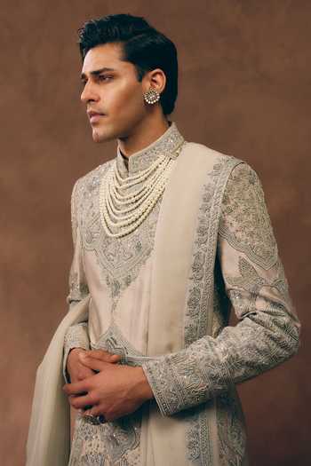 MUKTI AND KAVITH CASA Grey Silk, Tissue, Organza Opulent Zardozi Embroidered Sherwani Set at Aza Fashions MUKTI AND KAVITH CASA_Grey Silk, Tissue, Organza Opulent Zardozi Embroidered Sherwani Set _at_Aza_Fashions