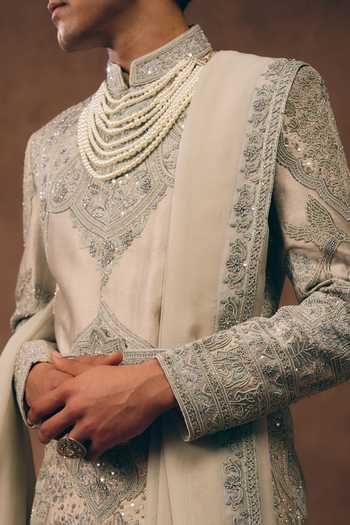 Buy MUKTI AND KAVITH CASA Grey Silk, Tissue, Organza Opulent Zardozi Embroidered Sherwani Set Buy_MUKTI AND KAVITH CASA_Grey Silk, Tissue, Organza Opulent Zardozi Embroidered Sherwani Set