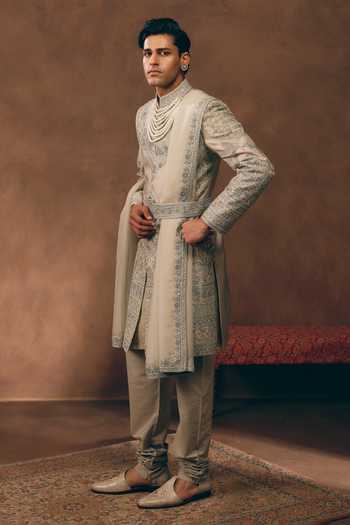 Shop MUKTI AND KAVITH CASA Grey Silk, Tissue, Organza Opulent Zardozi Embroidered Sherwani Set Shop_MUKTI AND KAVITH CASA_Grey Silk, Tissue, Organza Opulent Zardozi Embroidered Sherwani Set