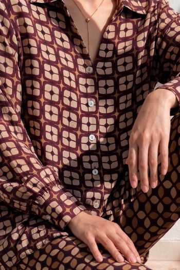Nautanky_Brown Crepe Collared Neck Printed Shirt And Pant Set _Online_at_Aza_Fashions