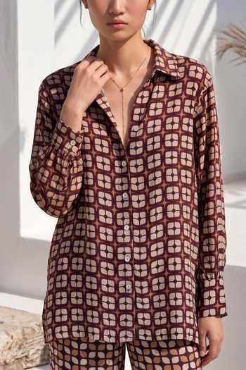 Shop_Nautanky_Brown Crepe Collared Neck Printed Shirt And Pant Set _Online_at_Aza_Fashions