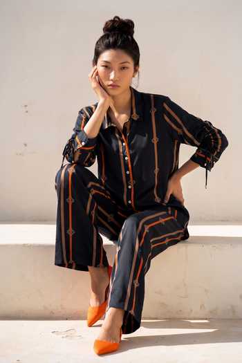 Nautanky_Black Crepe Collared Neck Stripe Print Shirt And Pant Set _Online_at_Aza_Fashions