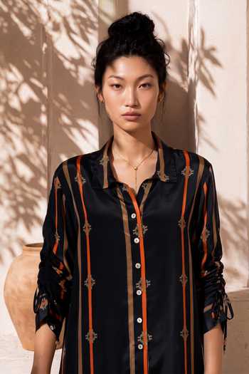 Shop_Nautanky_Black Crepe Collared Neck Stripe Print Shirt And Pant Set _Online_at_Aza_Fashions