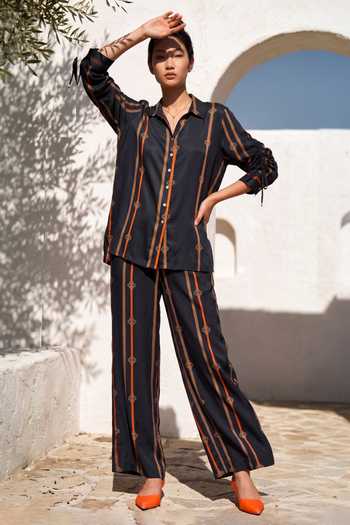 Shop_Nautanky_Black Crepe Collared Neck Stripe Print Shirt And Pant Set 