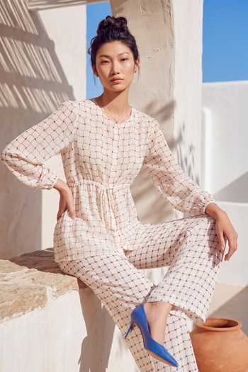 Nautanky_Ivory Crepe Round Neck Grid Print Top And Pant Set _Online_at_Aza_Fashions