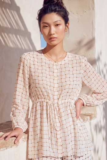 Buy_Nautanky_Ivory Crepe Round Neck Grid Print Top And Pant Set _Online_at_Aza_Fashions
