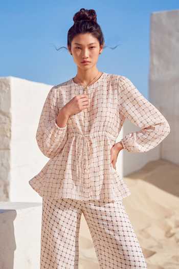 Shop_Nautanky_Ivory Crepe Round Neck Grid Print Top And Pant Set _Online_at_Aza_Fashions
